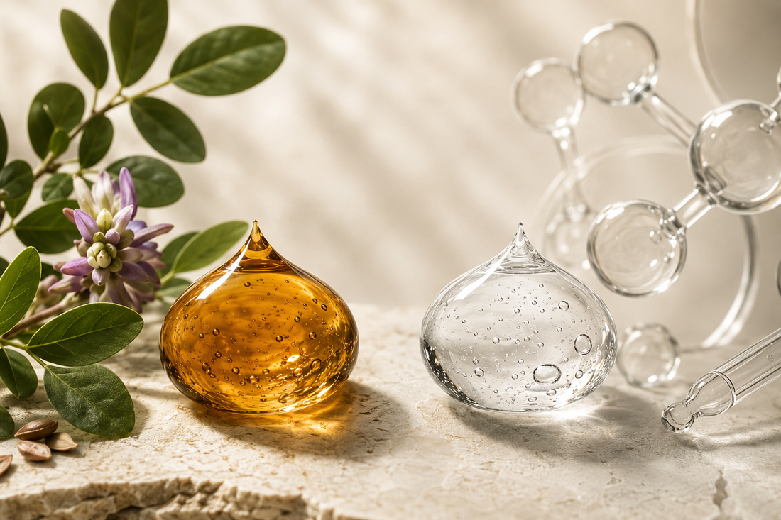 Botanical oil and laboratory serum illustrating bakuchiol versus retinol