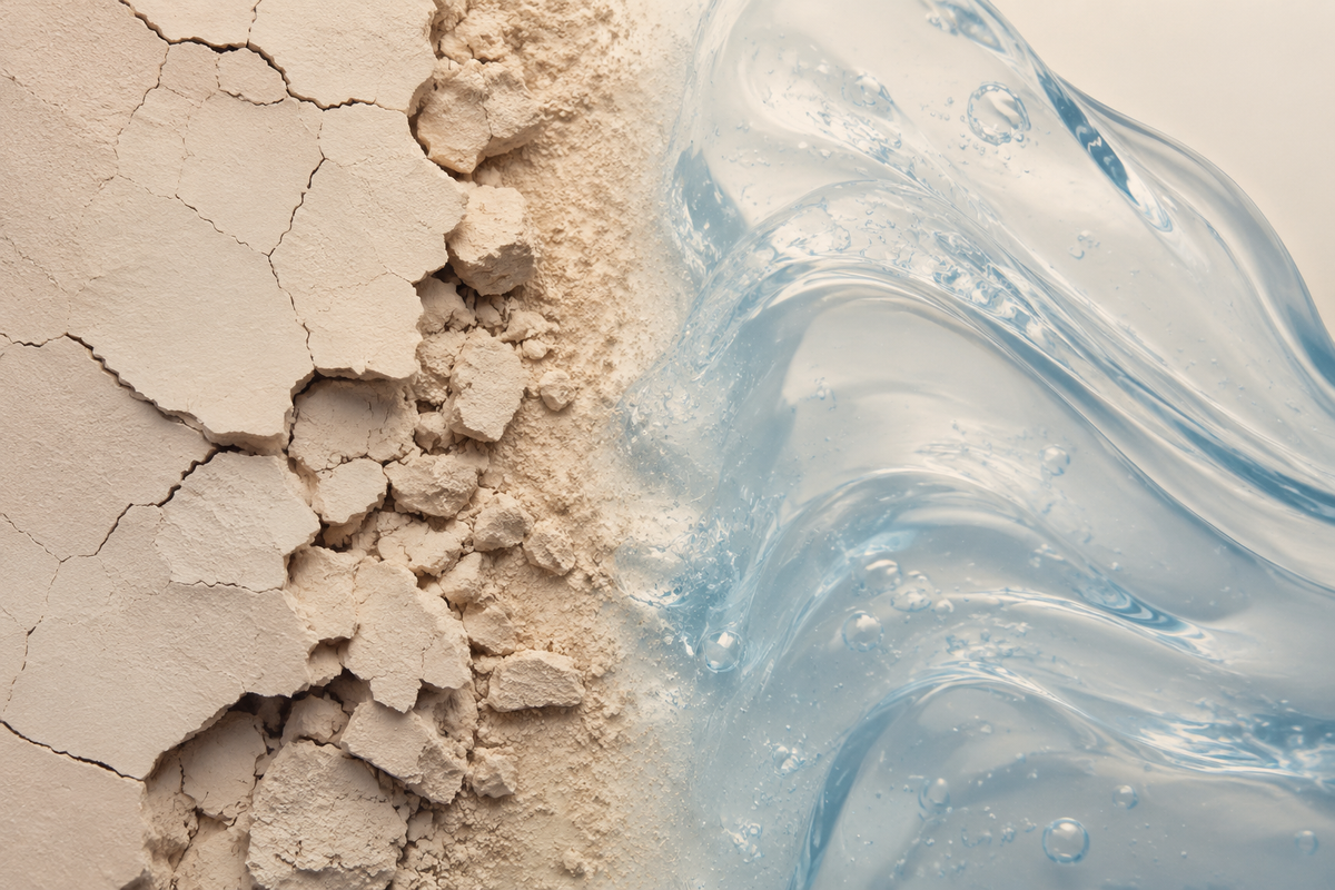 Dry clay and water gel illustrating dry versus dehydrated skin