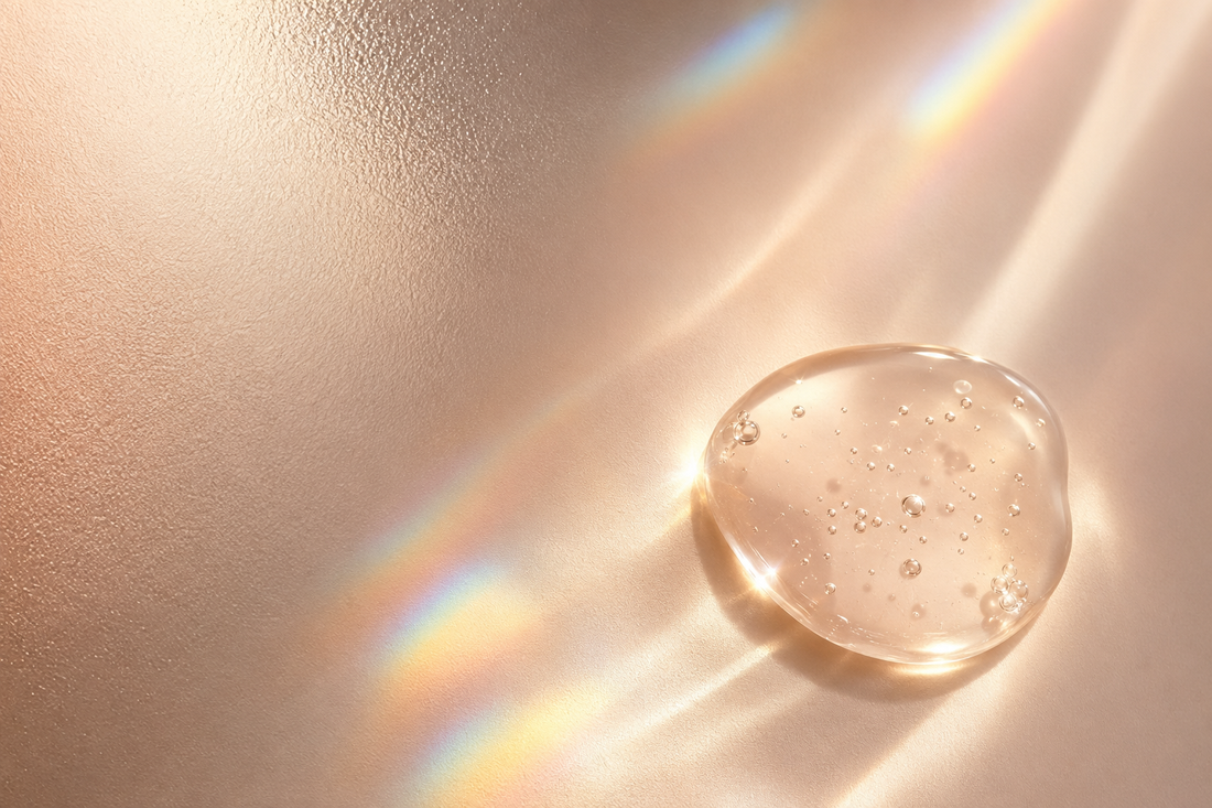 Luminous serum droplet and prism light illustrating skin radiance