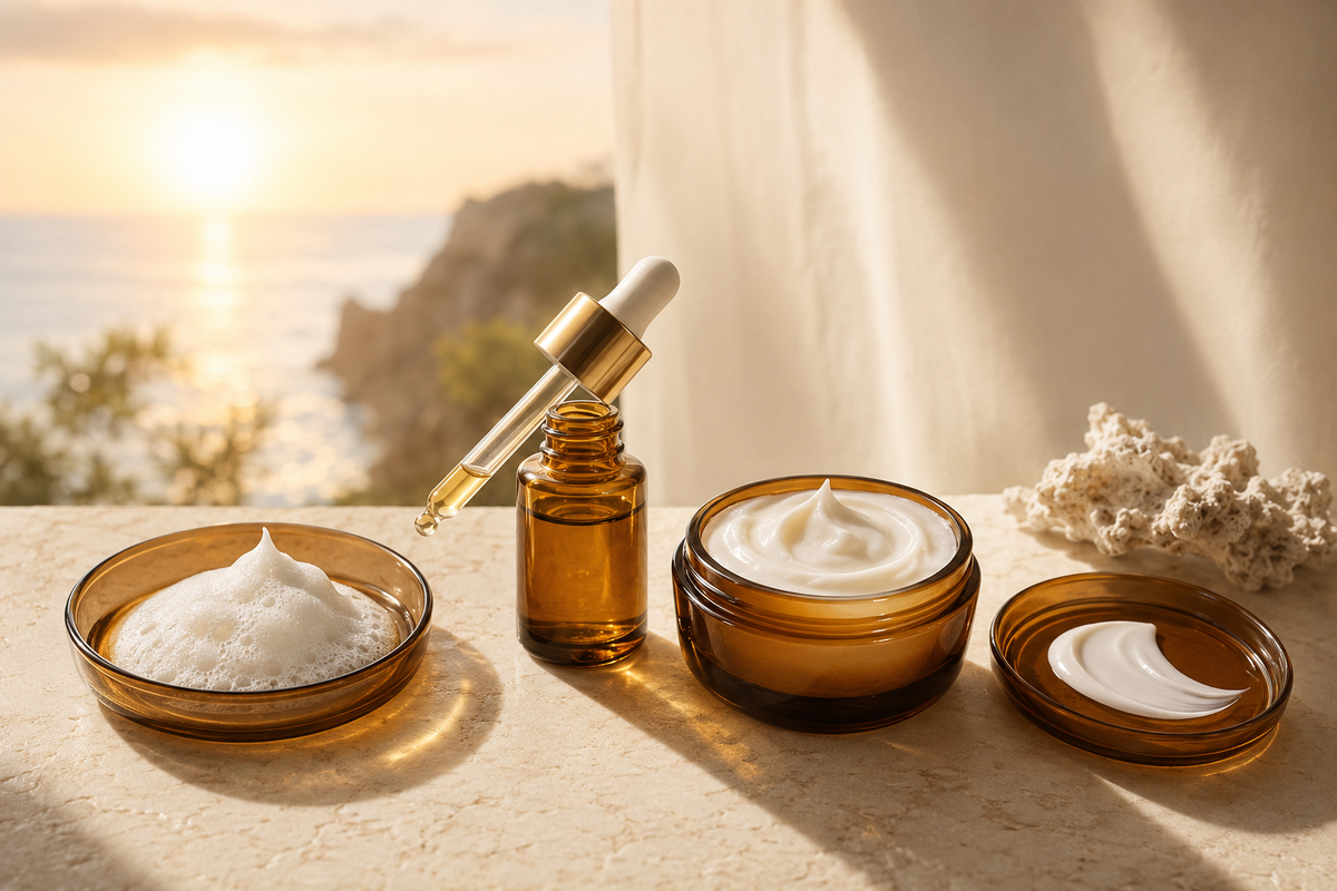 Evening skincare routine with amber oil and botanical elements