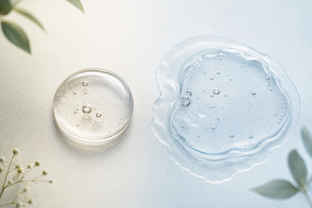 Two hydrating gel textures representing glycerin and hyaluronic acid