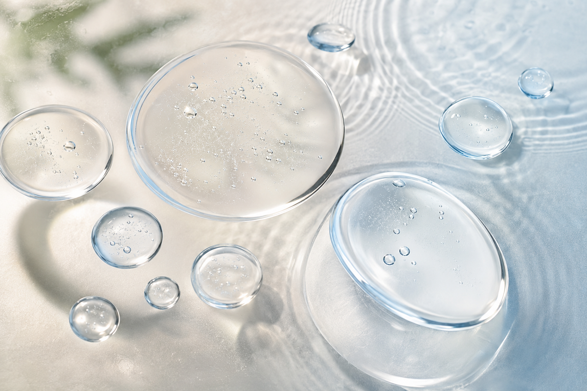 Hyaluronic acid gel droplets of different sizes representing molecular weights
