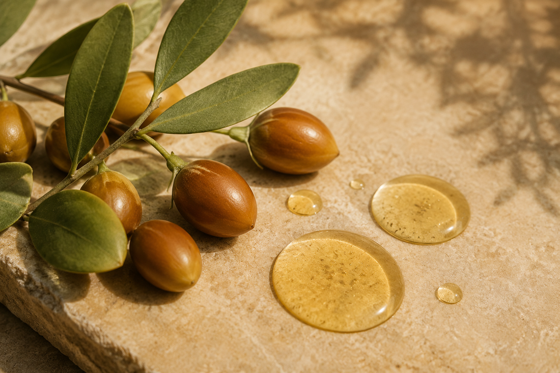 Jojoba seeds and golden oil droplets for a skincare guide