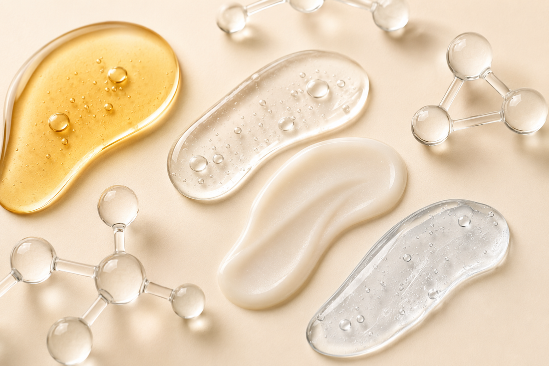Four serum textures illustrating how to layer popular skincare actives