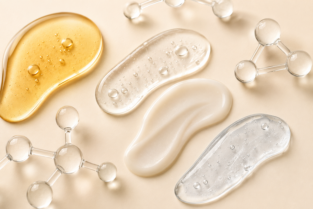 Four serum textures illustrating how to layer popular skincare actives