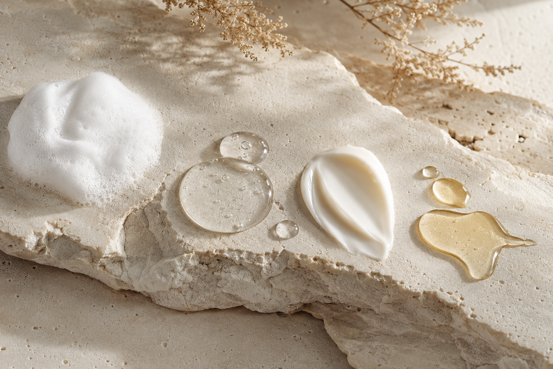 Cleanser serum cream and oil textures for a mature skin routine