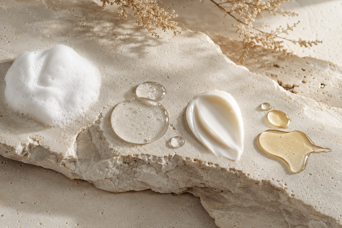 Cleanser serum cream and oil textures for a mature skin routine