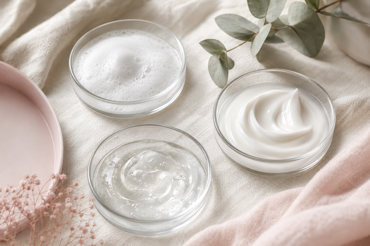 Three gentle skincare textures for a minimal sensitive skin routine
