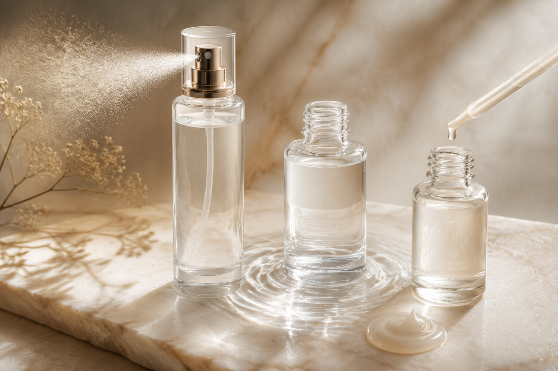 Face mist toner and essence textures represented in clear glass vessels