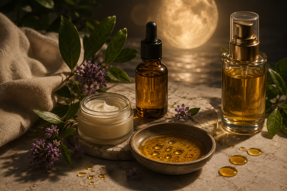 Morning skincare routine textures in warm sunrise light