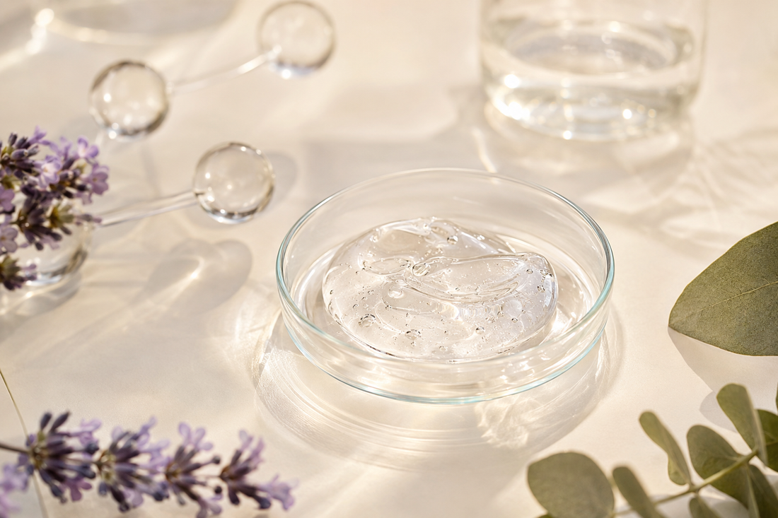 Clear niacinamide gel in a premium skincare laboratory still life