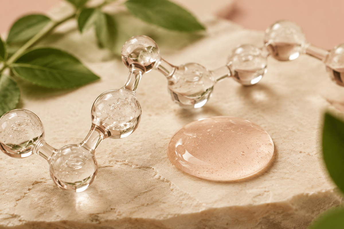 Glass molecular chain and serum texture representing peptides in skincare