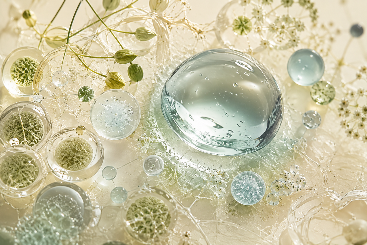 Abstract prebiotic and skin microbiome concept with translucent spheres