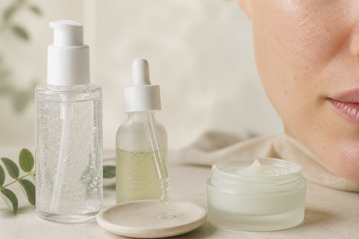 Minimal cleanser, targeted serum and gel moisturiser beside realistic adult blemish-prone skin