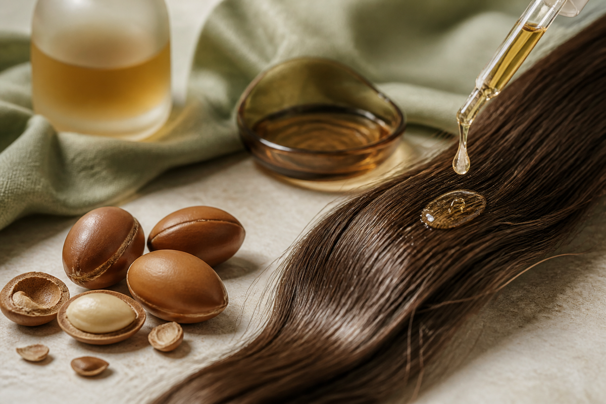 Argan kernels and a light golden oil film smoothing realistic hair fibres without changing structure