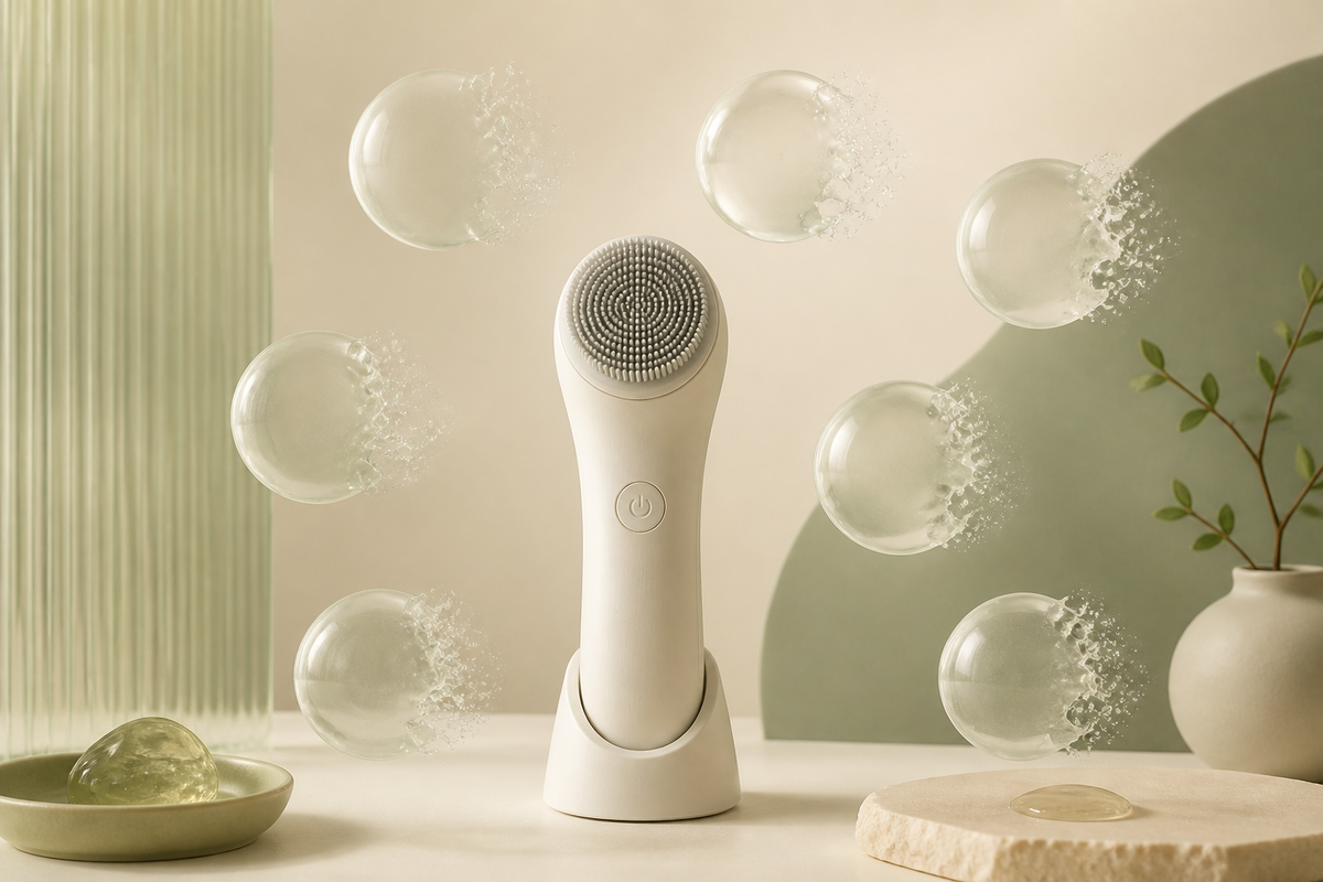 Seven abstract myth bubbles dissolving around a neutral facial device on warm ivory