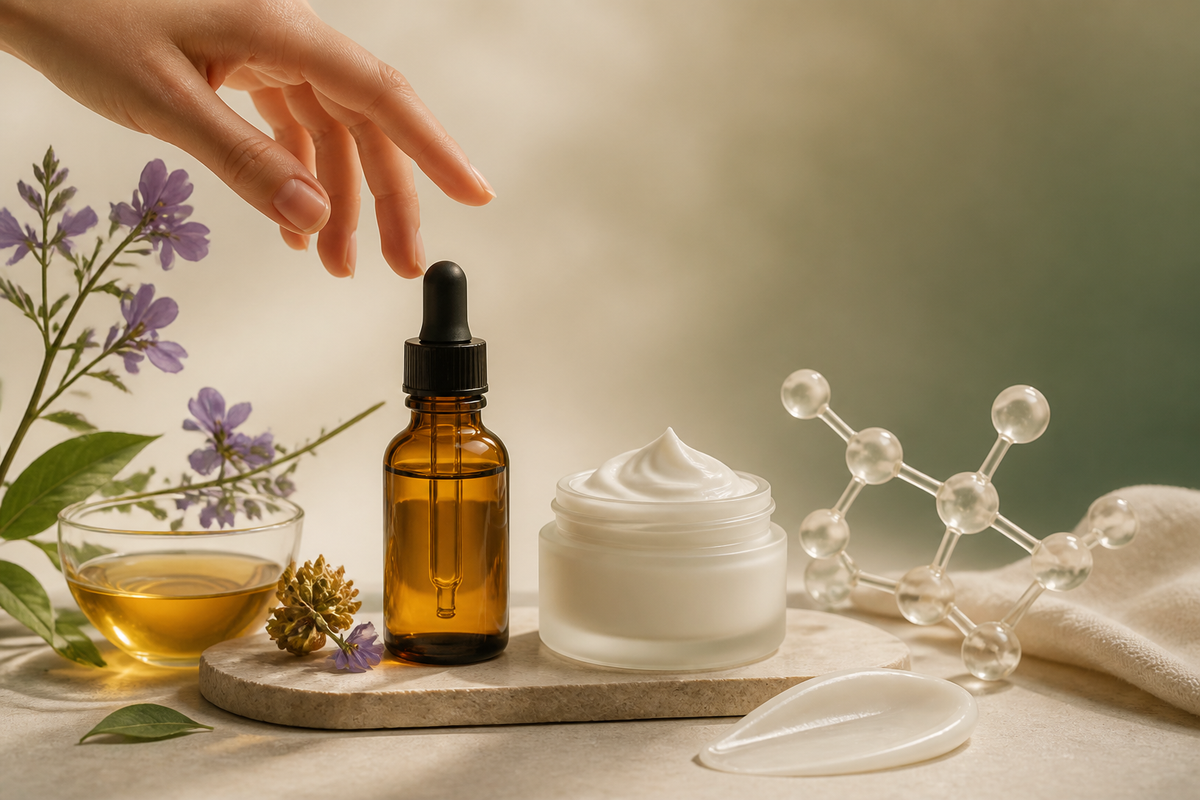 A botanical amber oil contrasted with white cream and a restrained retinoid molecule motif
