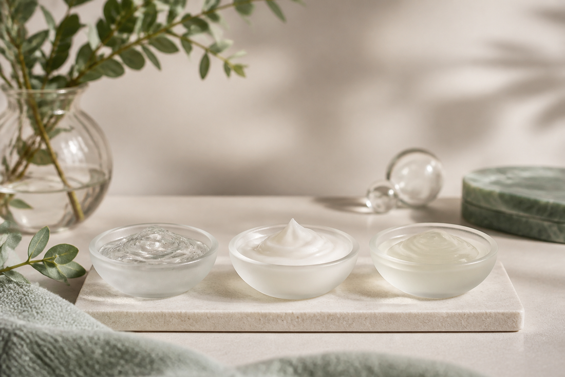 Three unbranded skincare essentials arranged neatly in warm morning light