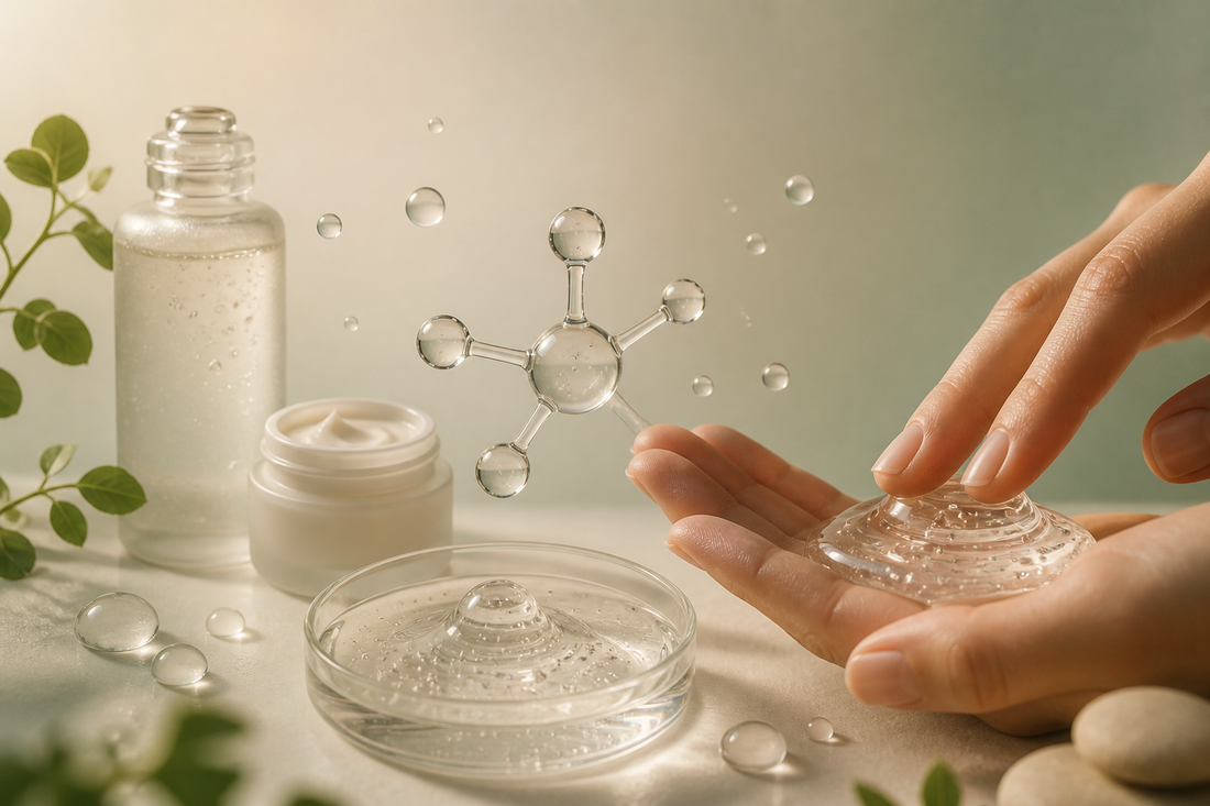 Clear cleansing gel and water droplets balanced around a minimal molecular motif