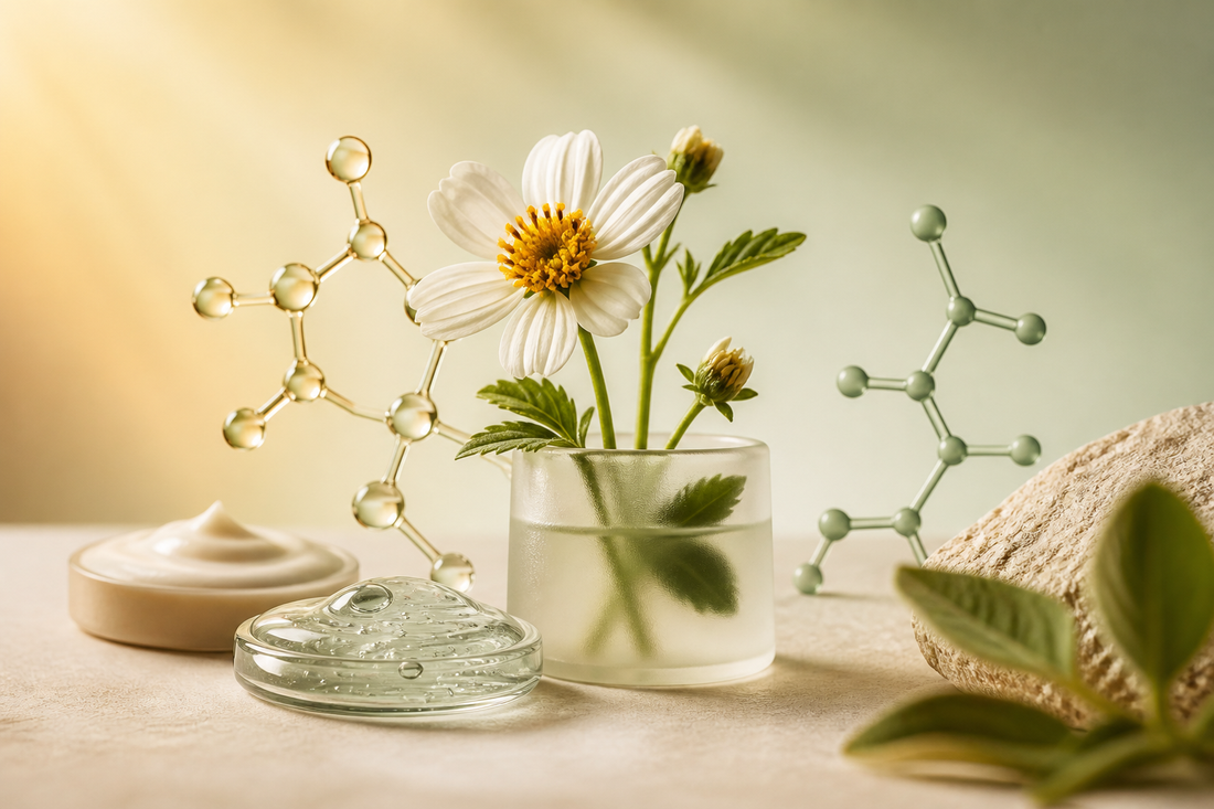 A Bidens flower and botanical molecule contrasted with a classic retinoid motif