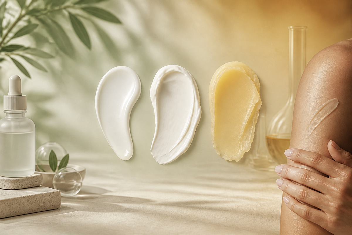 Three aligned body-care swatches progressing from light lotion to rich protective balm