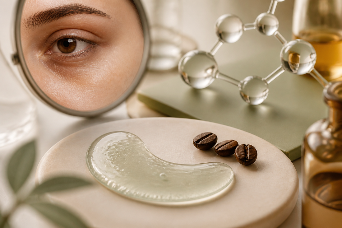 Coffee-derived molecular motif beside cooling eye gel and natural under-eye texture