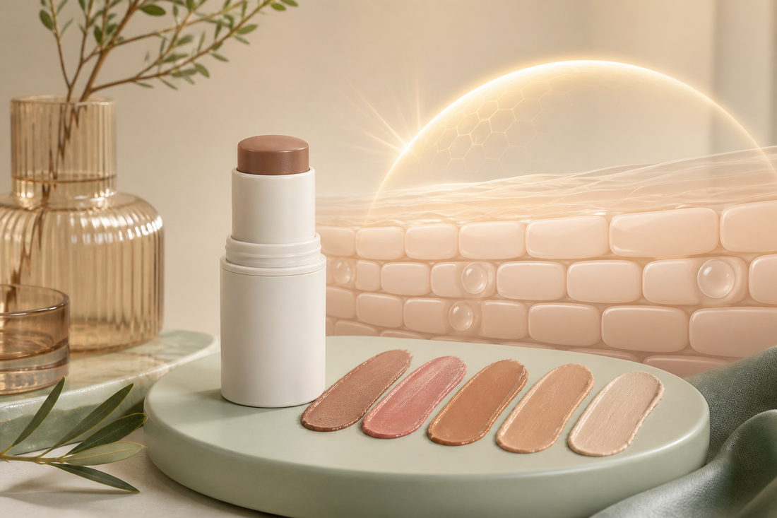 Neutral tinted sunscreen-stick swatches with a ceramide barrier motif and soft protection halo