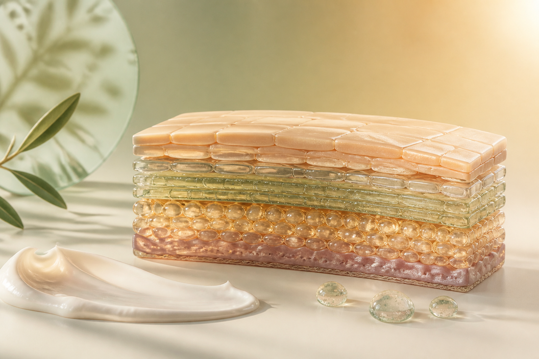Ceramide-inspired lipid tiles forming a layered skin barrier beside an ivory cream texture