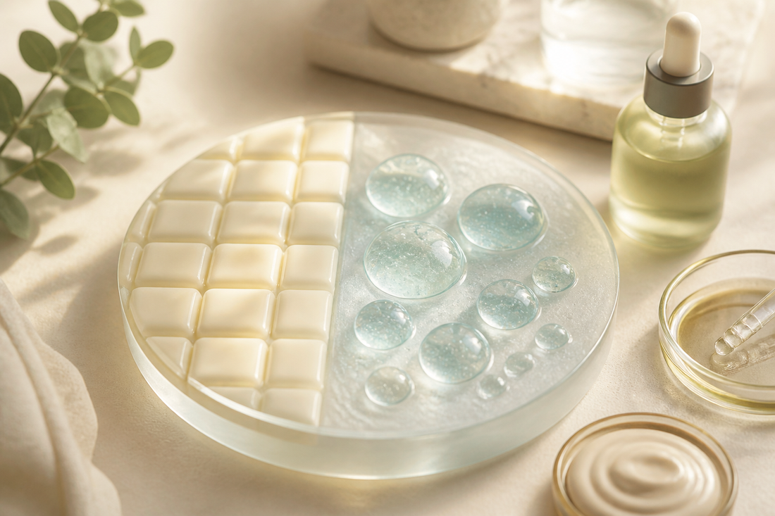 Interlocking ceramide lipid tiles compared with clear water-binding hyaluronic gel droplets
