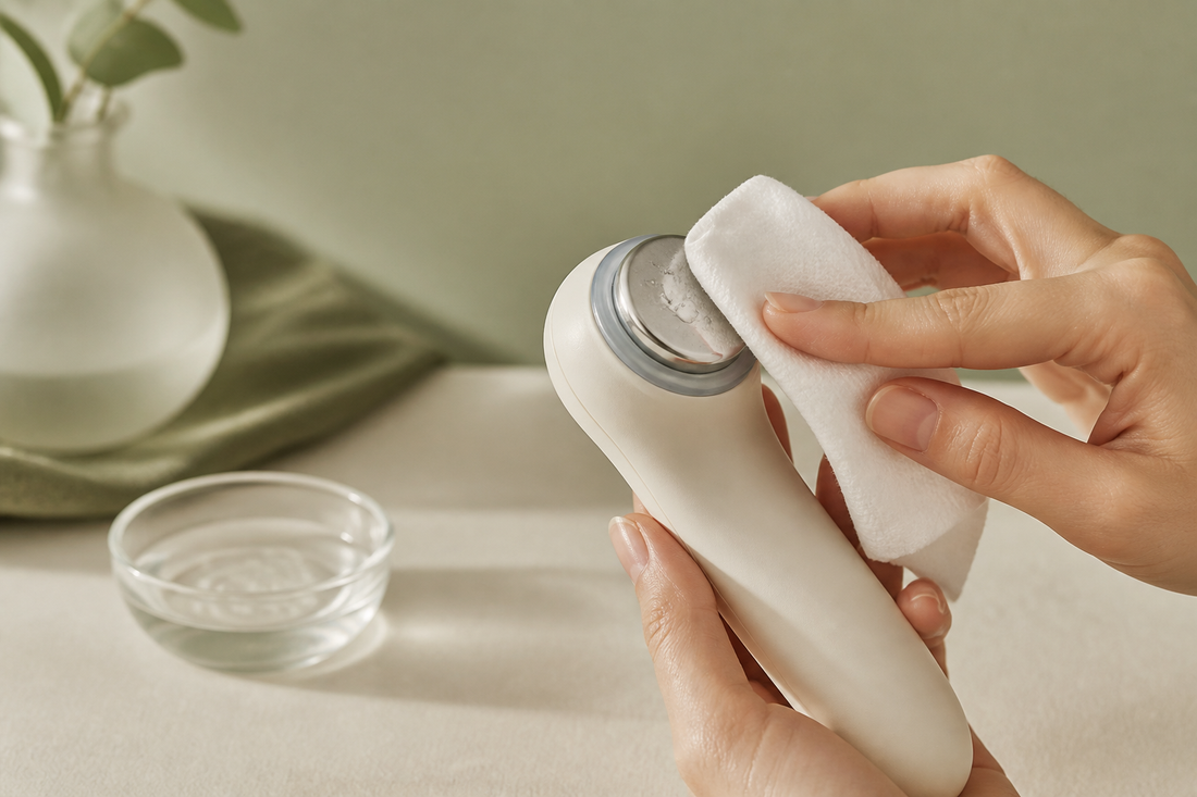 Handheld facial-device contact head being wiped with a clean lint-free cloth on warm ivory
