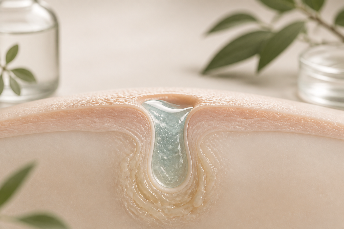 Clean educational pore sequence showing a comedone becoming less visible without graphic inflammation
