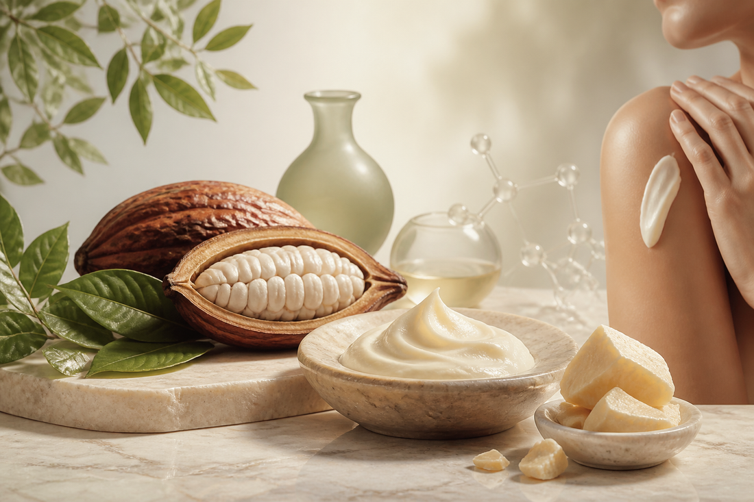 Cocoa pods and a smooth ivory cream texture arranged on warm neutral stone