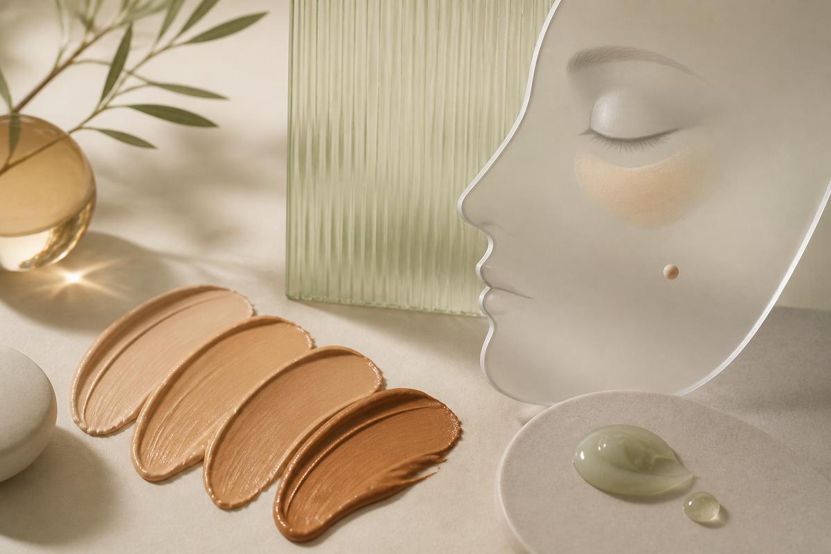 Concealer swatches beside an under-eye colour map and a precise blemish-covering dot