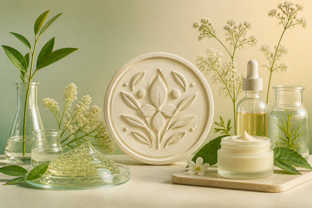 An abstract certification seal beside balanced botanical and laboratory elements without branding