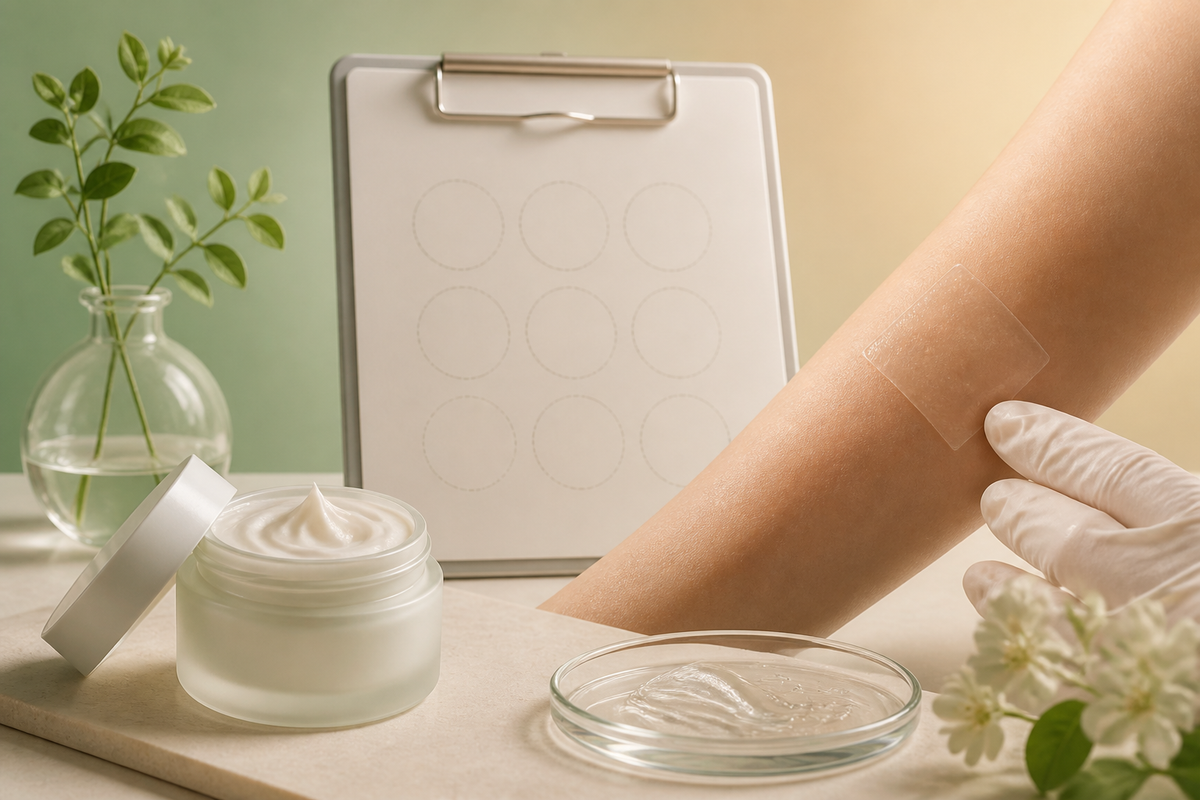 A clinical clipboard, cosmetic jar and neutral dermatological patch-test scene