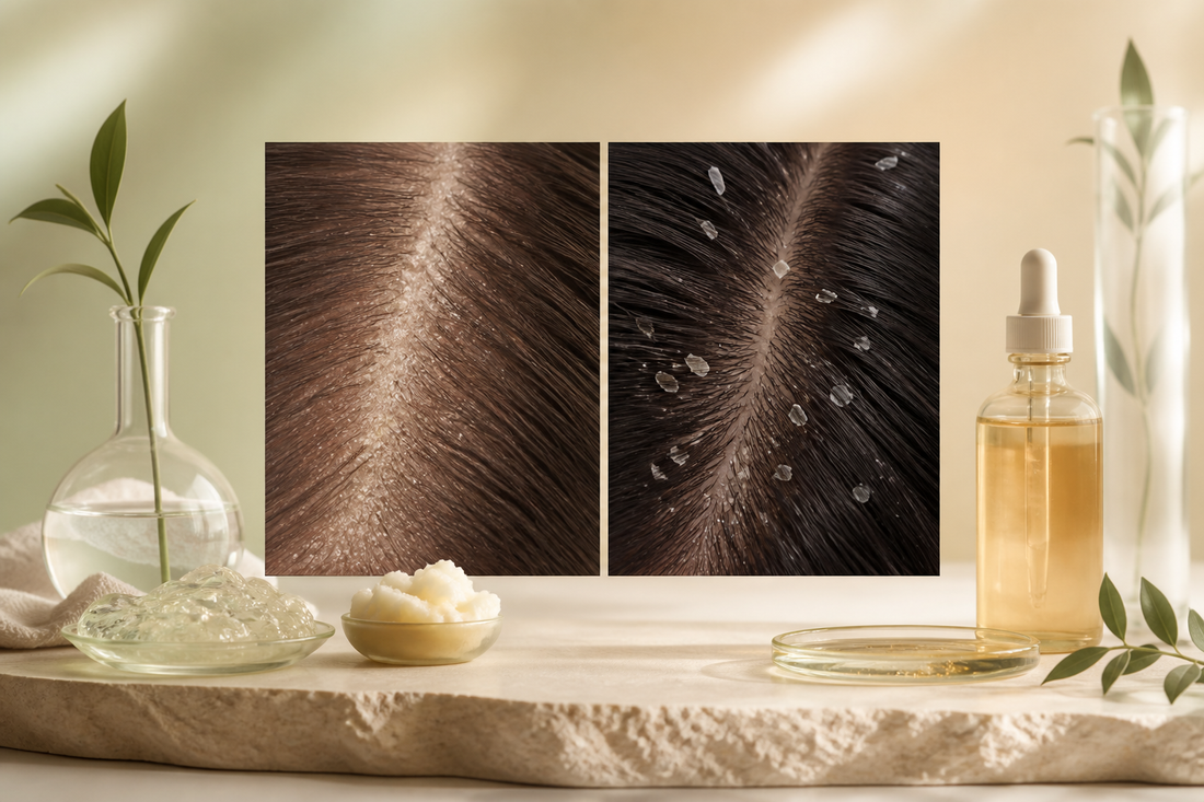Two non-graphic scalp panels showing fine dryness and recurring dandruff-like flaking patterns