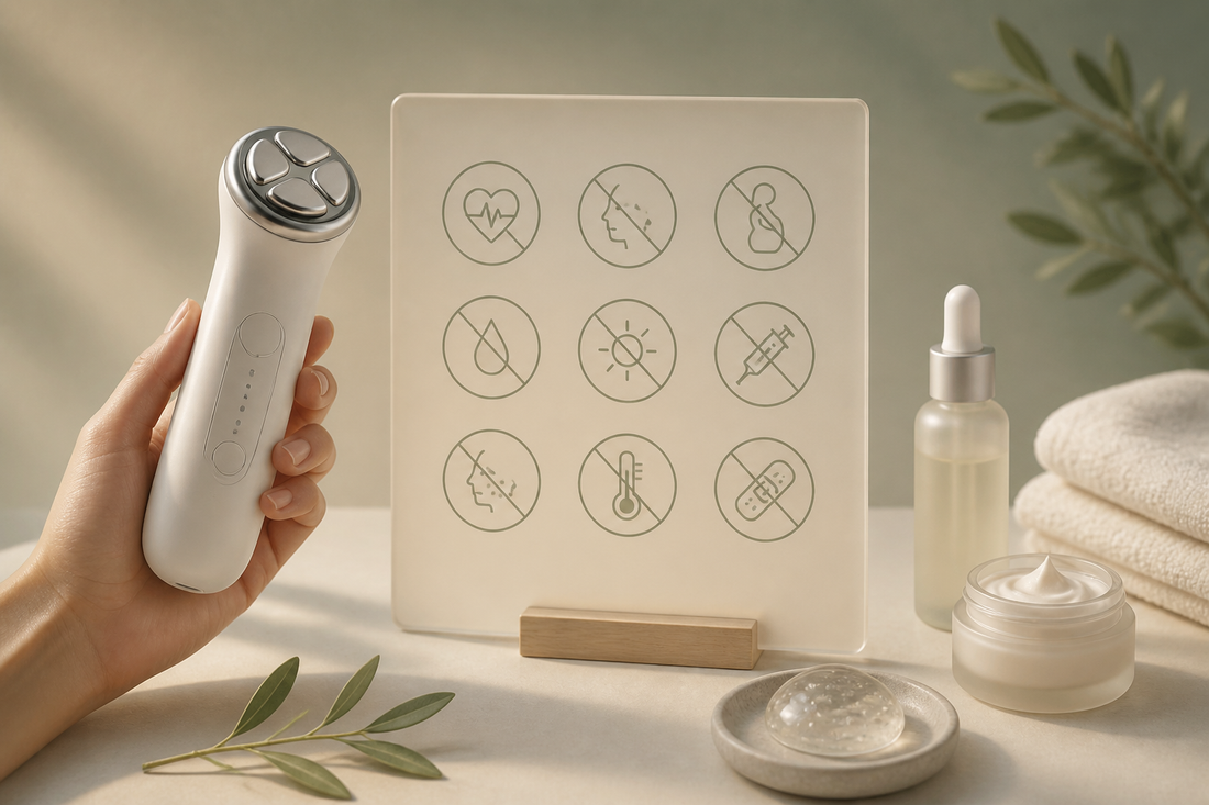 A handheld facial EMS device beside a symbol-only safety checklist on warm ivory