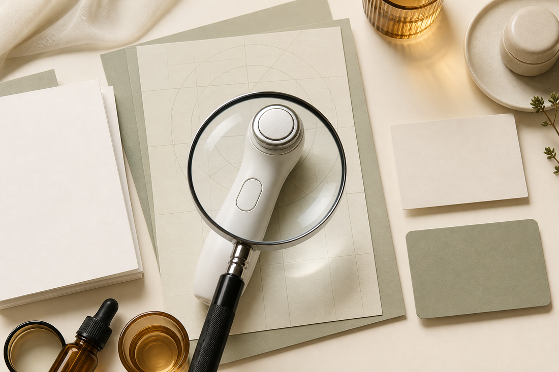 Magnifying glass over device specifications, clinical paper, safety manual and warranty card