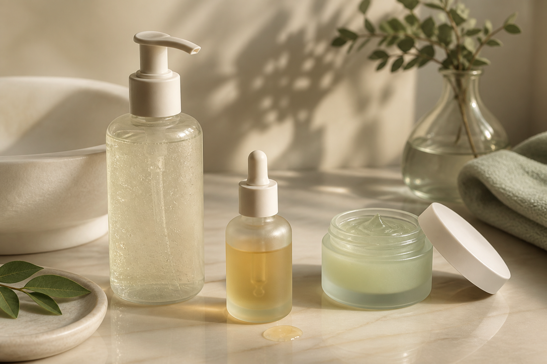 Minimal evening cleanser, targeted treatment drop and gel moisturiser in warm low light