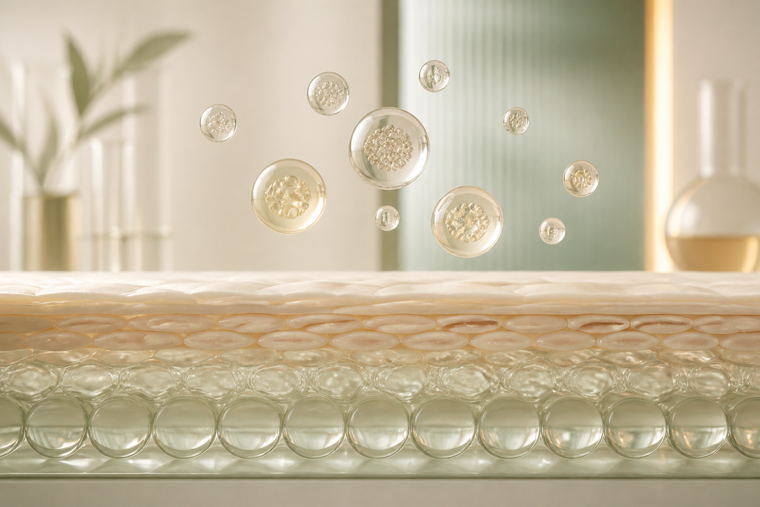 Delicate extracellular-vesicle spheres approaching an intact stylized skin barrier in a clean lab scene