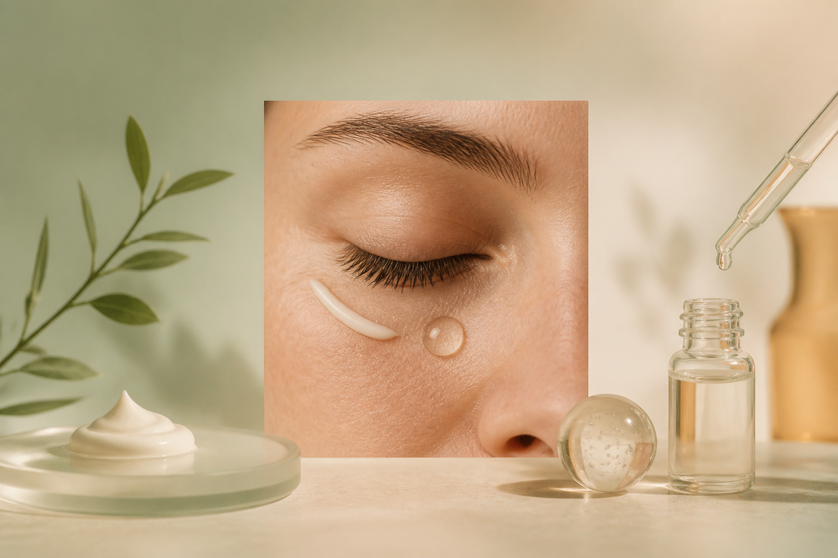 A tiny ivory eye-cream ribbon and clear eye-serum drop around a minimal contour