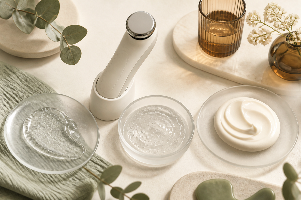 Cleanse, conductive-gel, device and moisturise sequence in warm ivory and muted sage