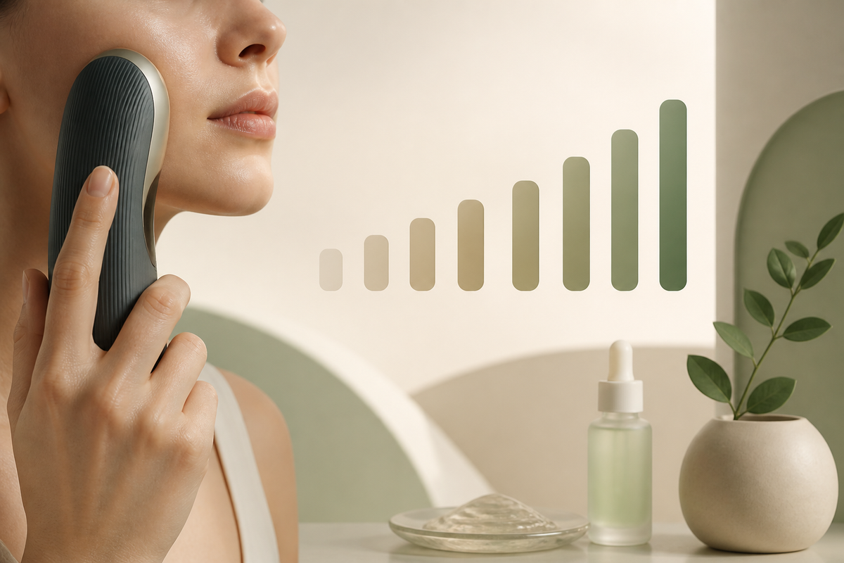 Gentle stepped intensity bars beside a handheld beauty device touching calm skin