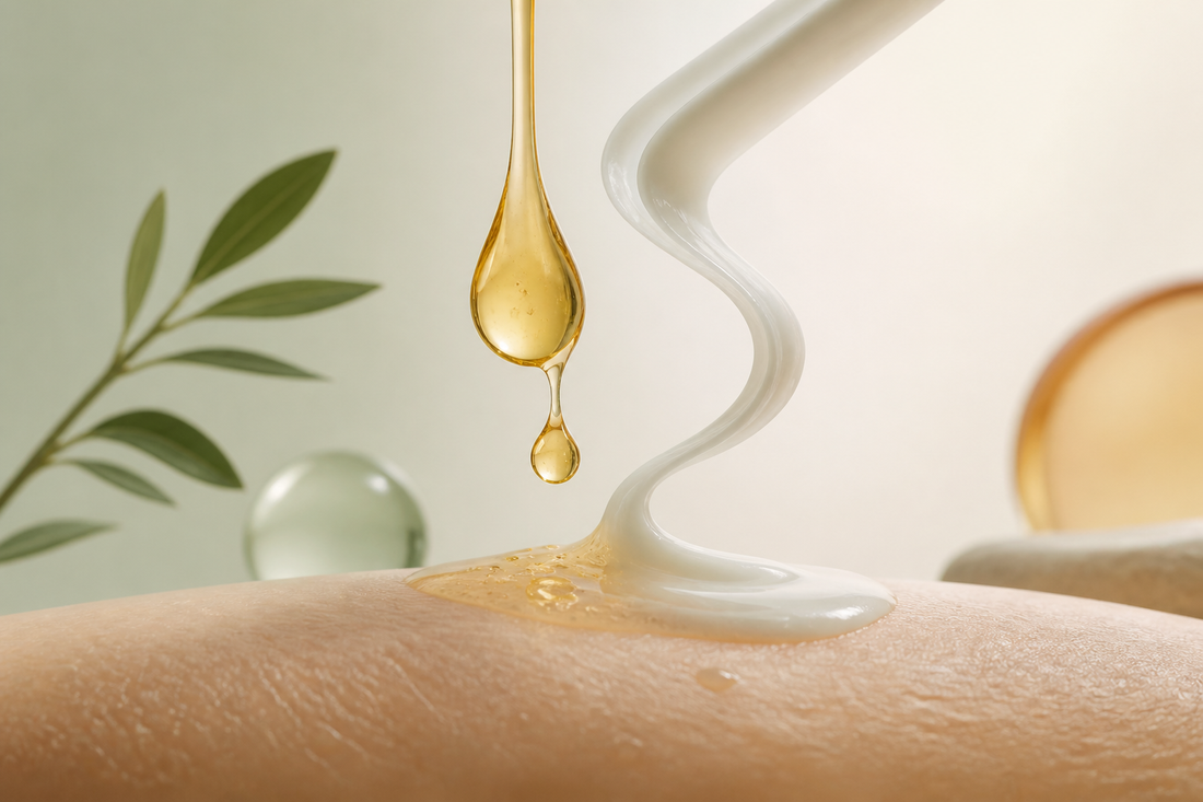 An amber oil drop and ivory cream ribbon meeting over a hydrated skin surface
