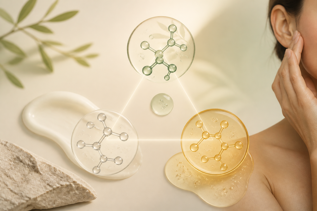 Three complementary antioxidant molecules arranged in a balanced protective triangle