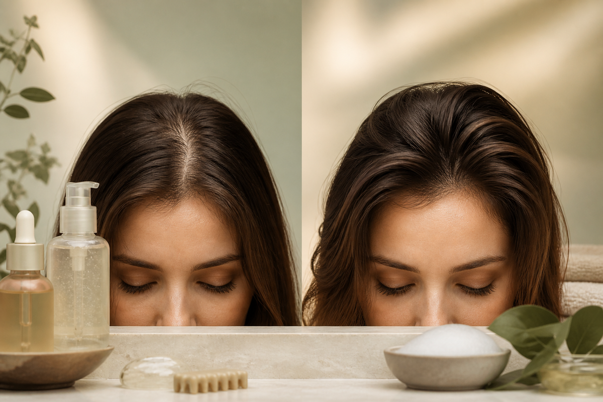 Fine hair roots lifting after gentle cleansing in a clean editorial before-and-after composition