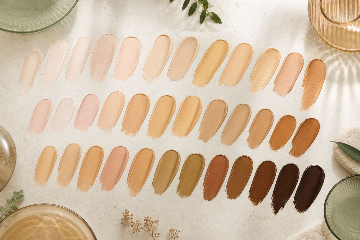 Inclusive foundation swatches from fair to deep showing warm, cool, neutral and olive directions