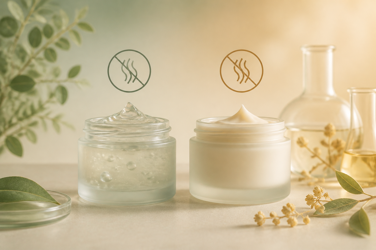 Two minimal cosmetic jars with faint scent waves muted in a refined editorial composition