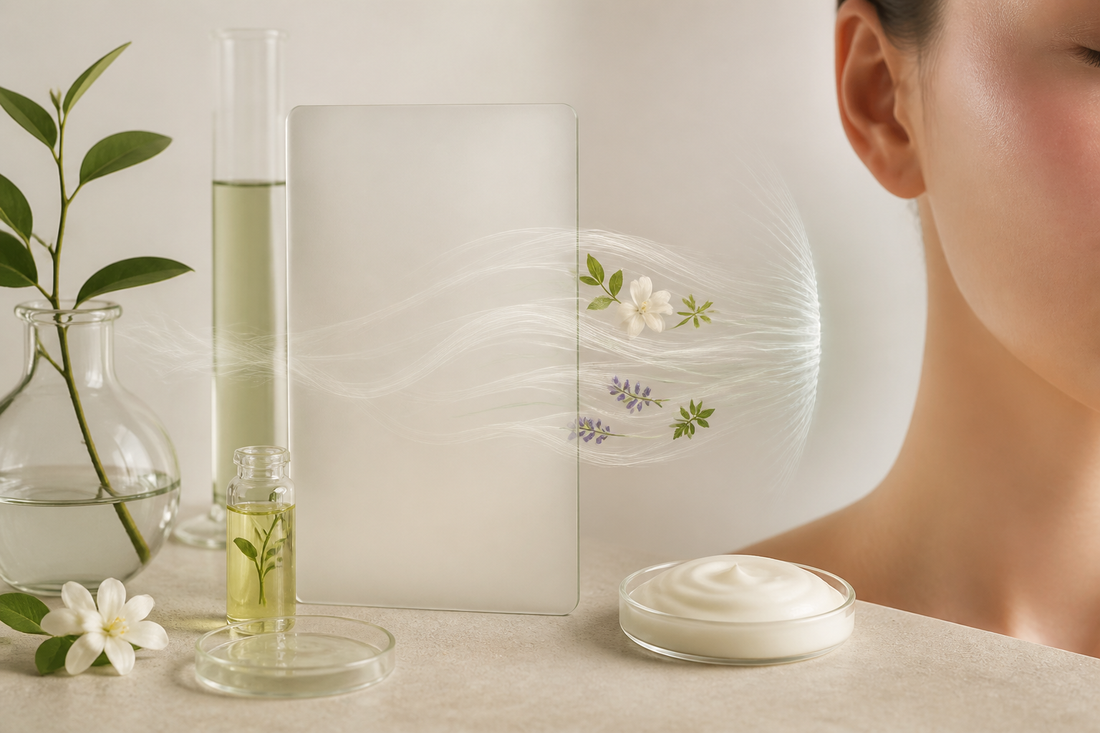 Cosmetic ingredient list beside muted botanical scent symbols and a clear patch-test motif