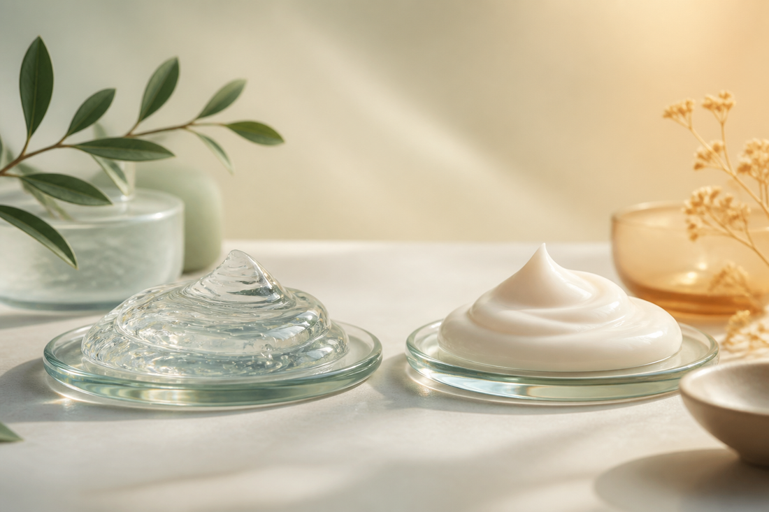 A transparent gel scoop and rich ivory cream scoop on matching glass plates